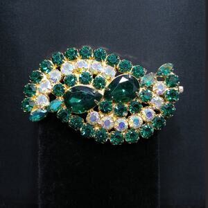Vintage Rhinestone Green & Clear Swirl Brooch, Aurora Borealis